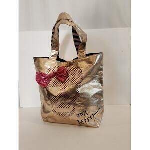 BETSEY JOHNSON Pink Rose Gold Metallic Shopping Tote Bag Skull Hearts Sequin Bow